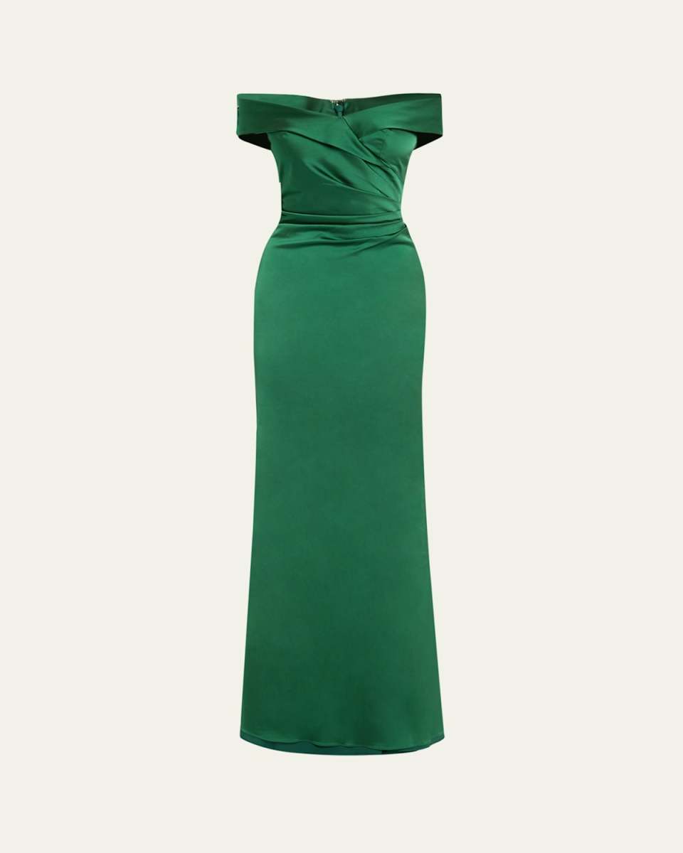Ruched Off-Shoulder Stretch Gown